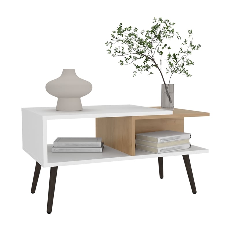 Depot E-Shop Drexel Coffee Table 2 Shelves 4 legs White Natural Oak Wooden