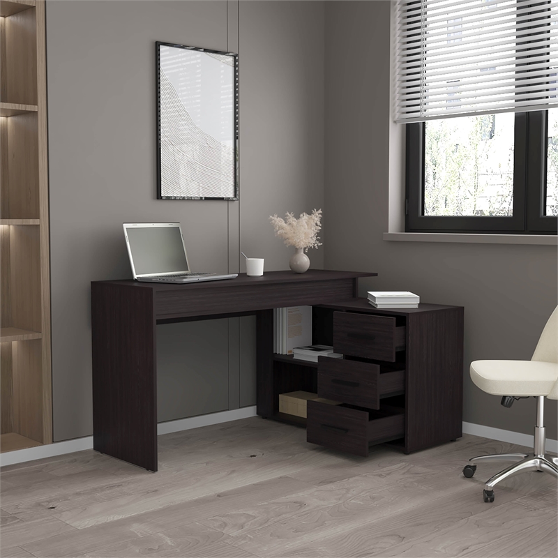 Neilton L-Shaped Desk 3 Drawers 2 Shelves Black Wengue Engineered Wood