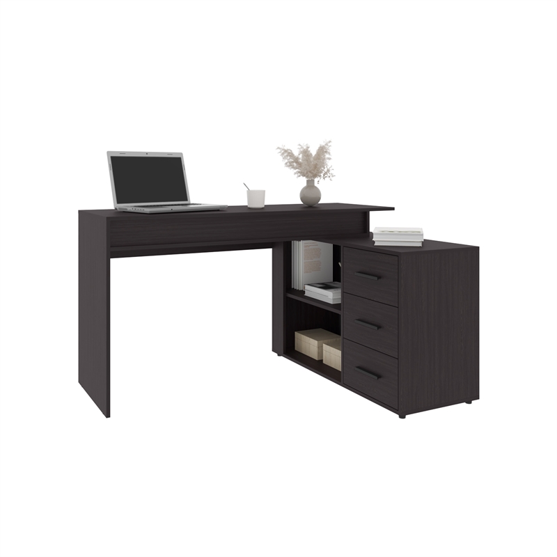 Neilton L-Shaped Desk 3 Drawers 2 Shelves Black Wengue Engineered Wood