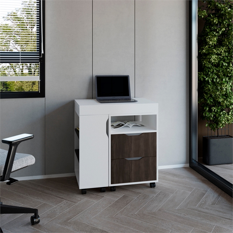 Odessa Extendable Desk 2 Drawers 4 Shelves 4 Wheels White/Walnut Engineered Wood