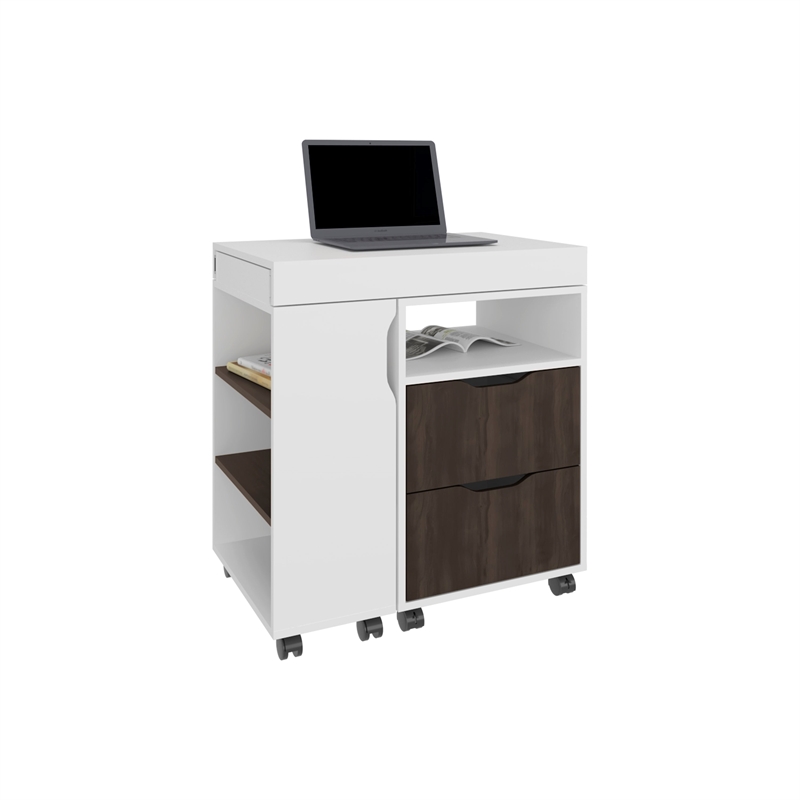 Odessa Extendable Desk 2 Drawers 4 Shelves 4 Wheels White/Walnut Engineered Wood