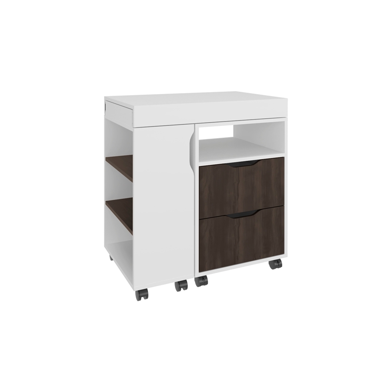 Odessa Extendable Desk 2 Drawers 4 Shelves 4 Wheels White/Walnut Engineered Wood