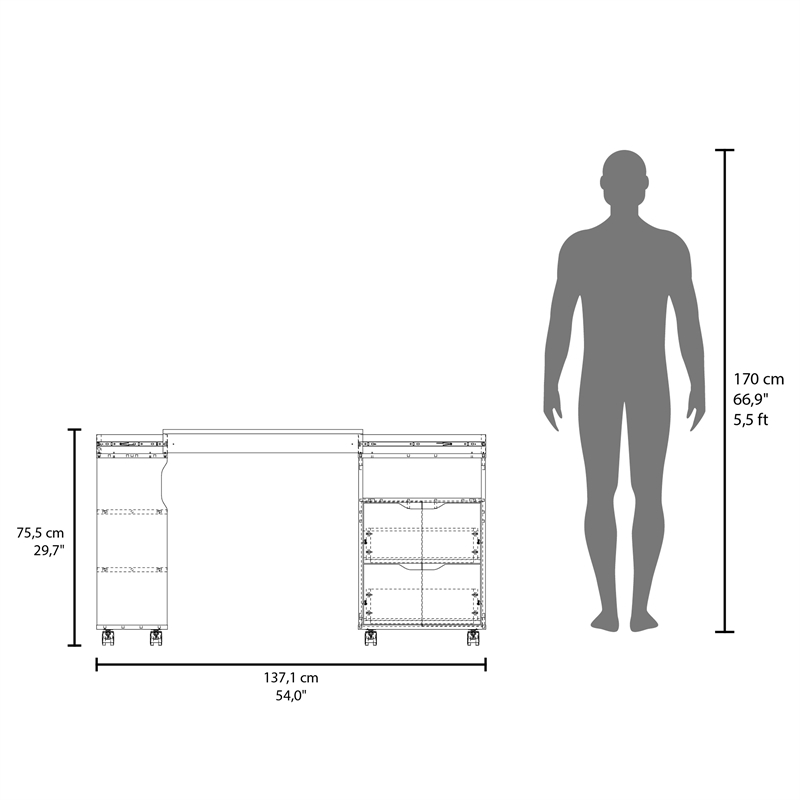 Odessa Extendable Desk 2 Drawers 4 Shelves 4 Wheels White/Walnut Engineered Wood