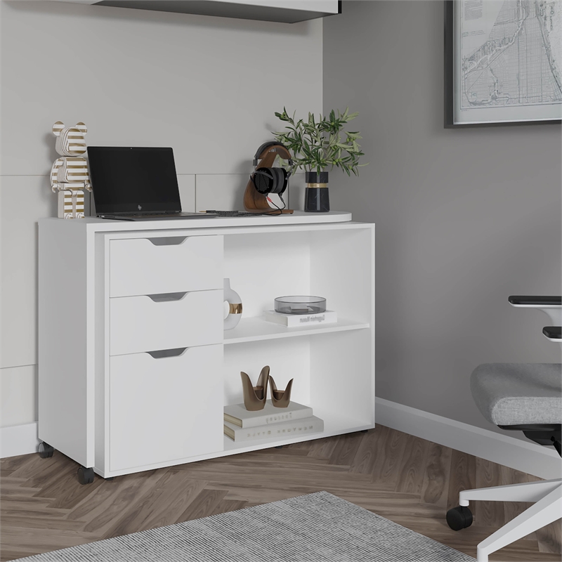 Lamont Rotable Desk 1 Door 2 Drawers 2 Shelves 2 Wheels White Engineered Wood
