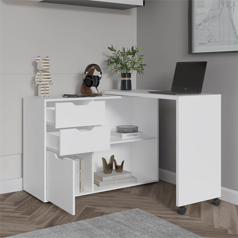 Lamont Rotable Desk 1 Door 2 Drawers 2 Shelves 2 Wheels White Engineered Wood