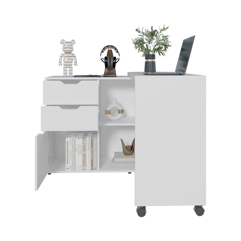 Lamont Rotable Desk 1 Door 2 Drawers 2 Shelves 2 Wheels White Engineered Wood