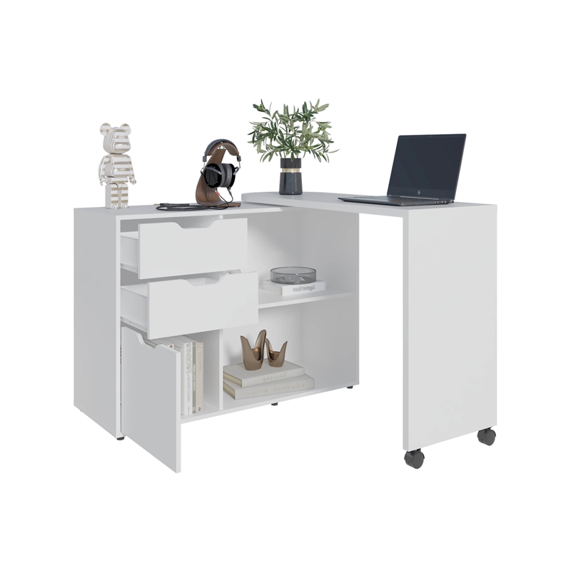 Lamont Rotable Desk 1 Door 2 Drawers 2 Shelves 2 Wheels White Engineered Wood