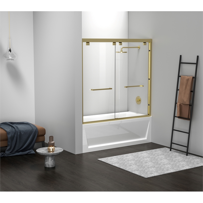 Elegant Kitchen and Bath Trenton Semi-frameless Aluminum Tub Door in Gold