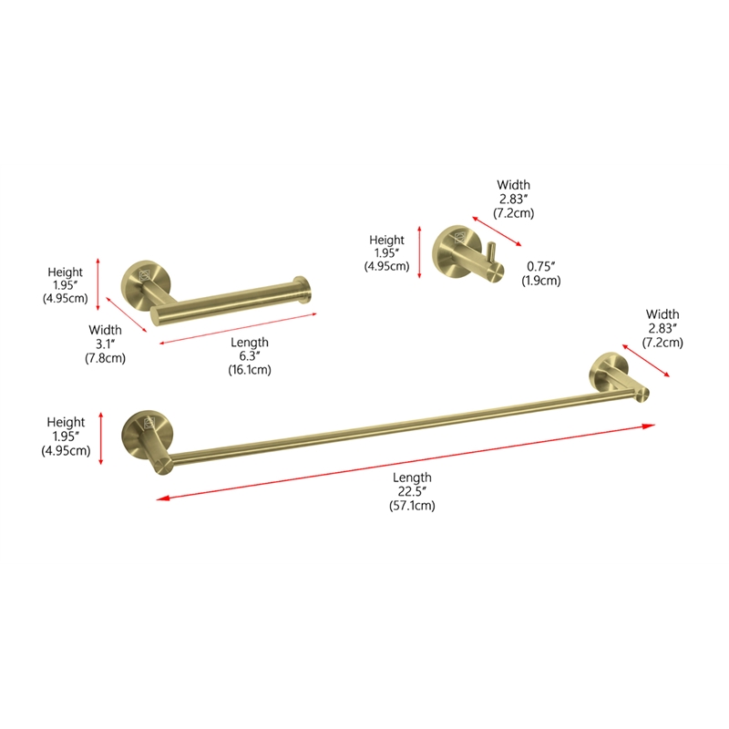 Elegant Kitchen and Bath Freya 3-Pc Stainless Steel Hardware Set in Gold