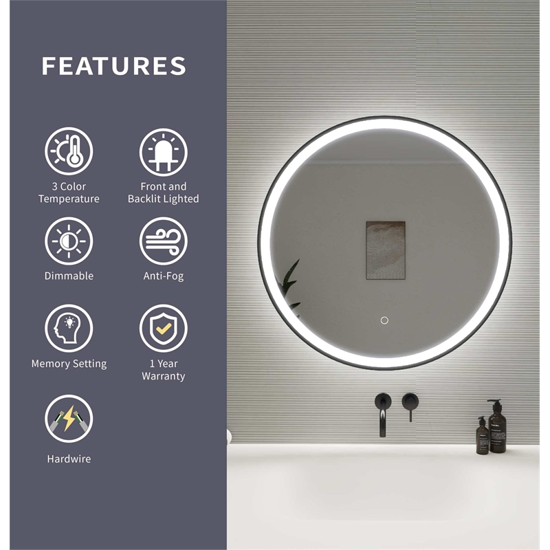 Elegant Kitchen and Bath 28 Round Led Front and Backlit Wall Mirror in Black