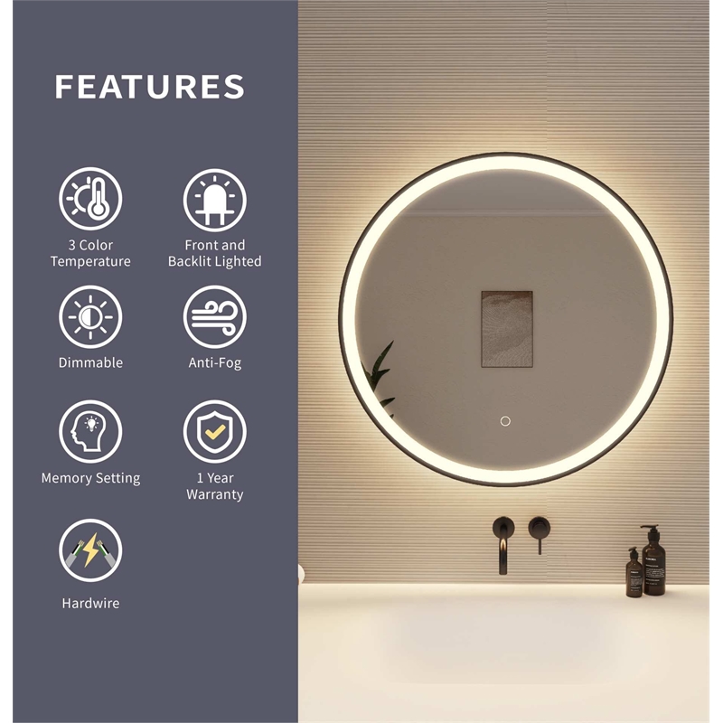 Elegant Kitchen and Bath 28 Round Led Front and Backlit Wall Mirror in Black