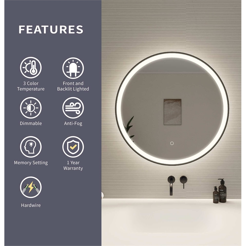 Elegant Kitchen and Bath 28 Round Led Front and Backlit Wall Mirror in Black