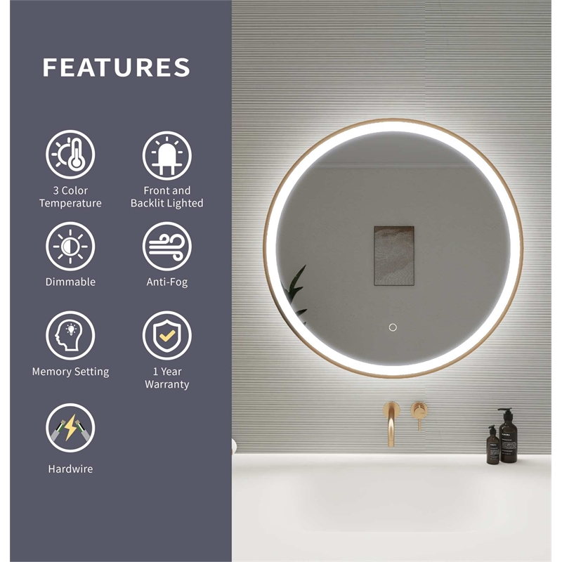 Elegant Kitchen and Bath 28 Round Led Front & Backlit Wall Mirror in Satin Gold