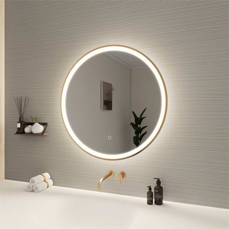 Elegant Kitchen and Bath 28 Round Led Front & Backlit Wall Mirror in Satin Gold
