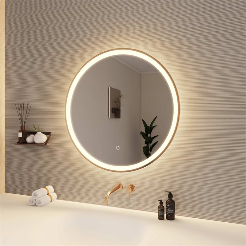 Elegant Kitchen and Bath 28 Round Led Front & Backlit Wall Mirror in Satin Gold
