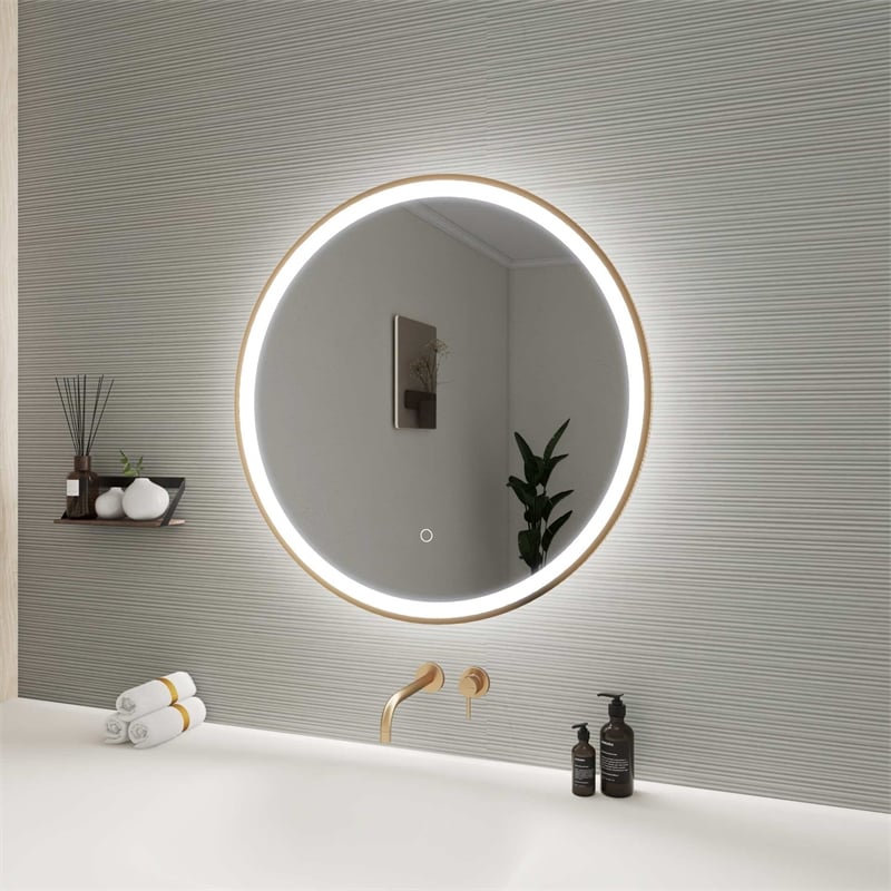 Elegant Kitchen and Bath 28 Round Led Front & Backlit Wall Mirror in Satin Gold
