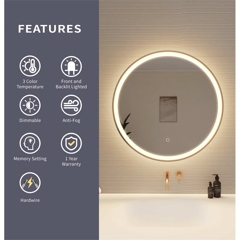 Elegant Kitchen and Bath 28 Round Led Front & Backlit Wall Mirror in Satin Gold