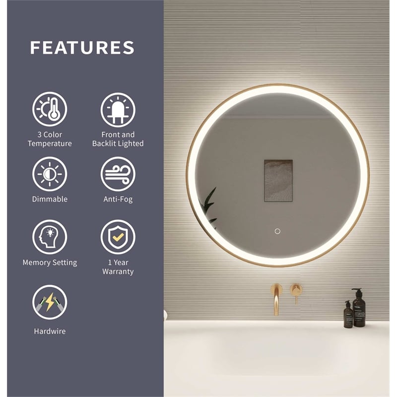 Elegant Kitchen and Bath 28 Round Led Front & Backlit Wall Mirror in Satin Gold