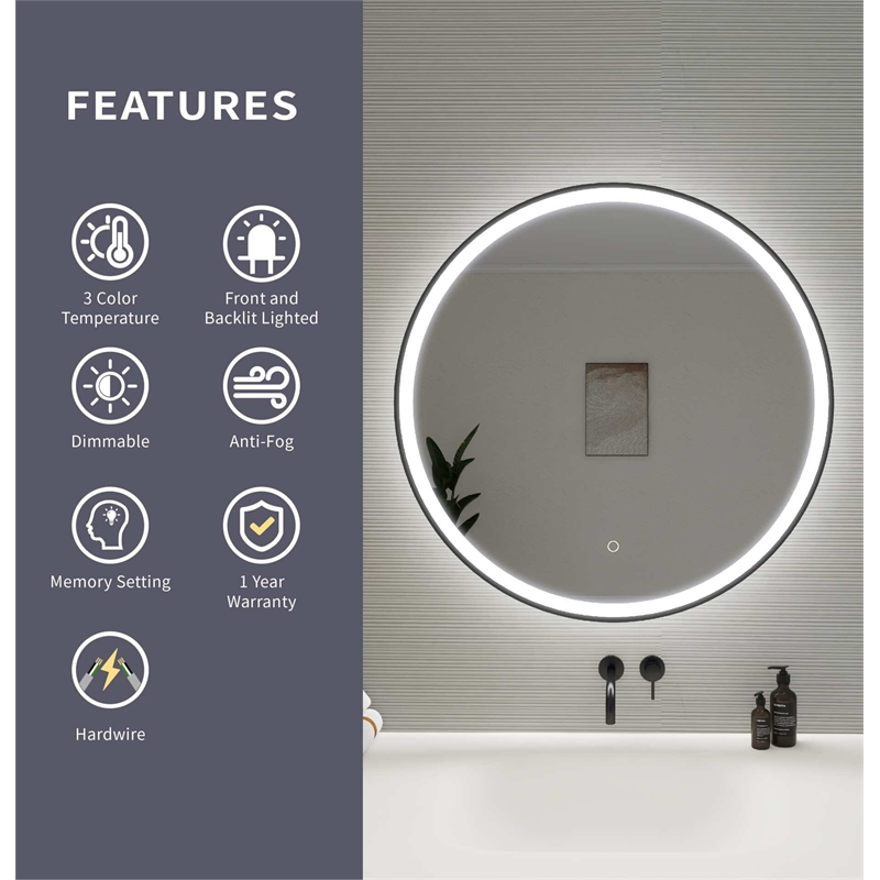Elegant Kitchen and Bath 32 Round Led Front and Backlit Wall Mirror in Black