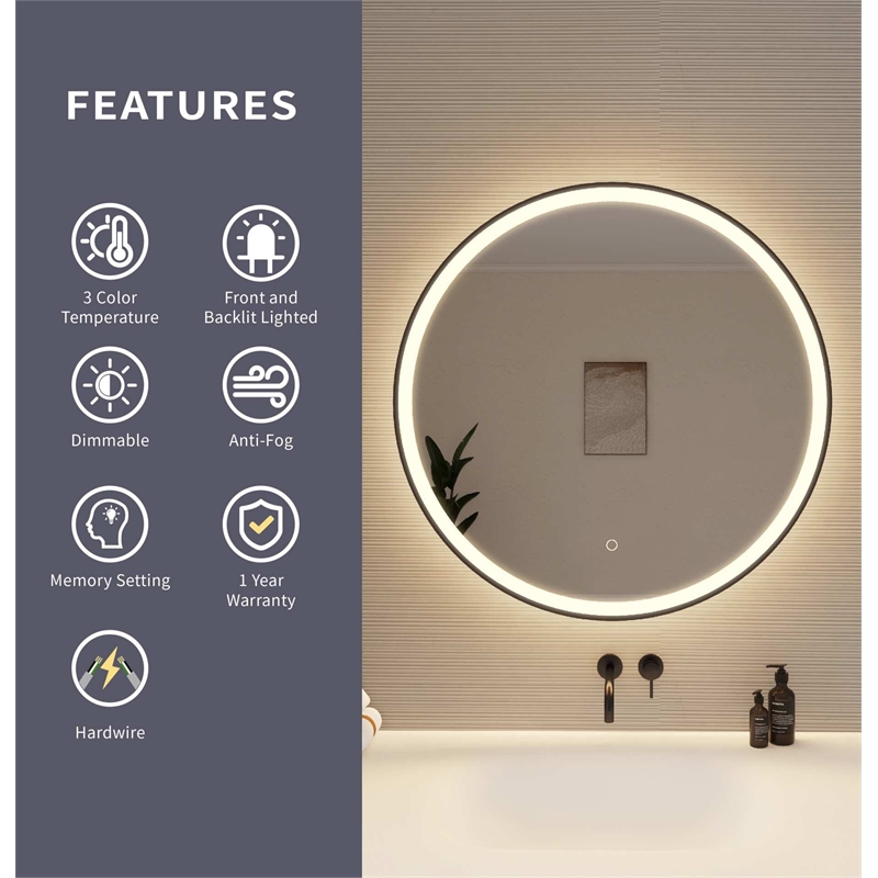 Elegant Kitchen and Bath 32 Round Led Front and Backlit Wall Mirror in Black