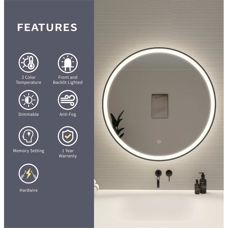 Elegant Kitchen and Bath 32 Round Led Front and Backlit Wall Mirror in Black