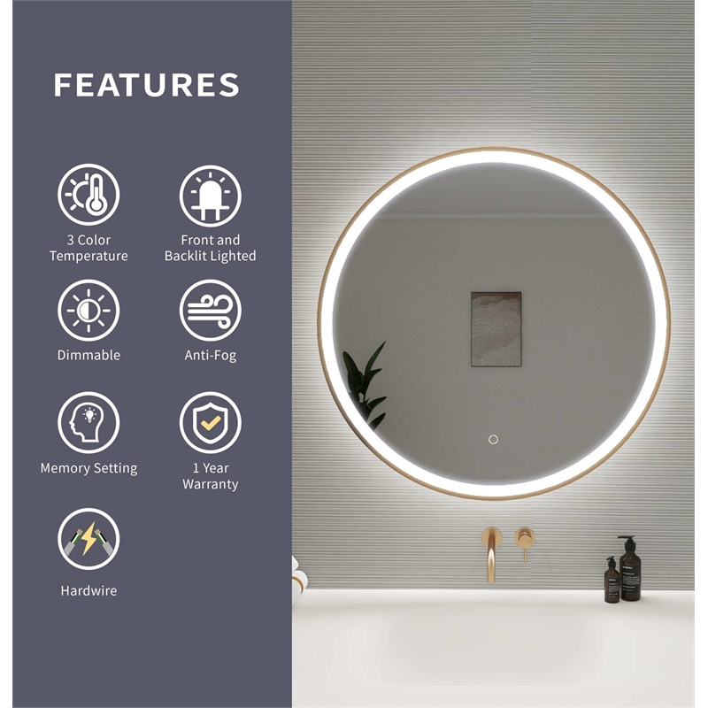 Elegant Kitchen and Bath 32 Round Led Front & Backlit Wall Mirror in Satin Gold