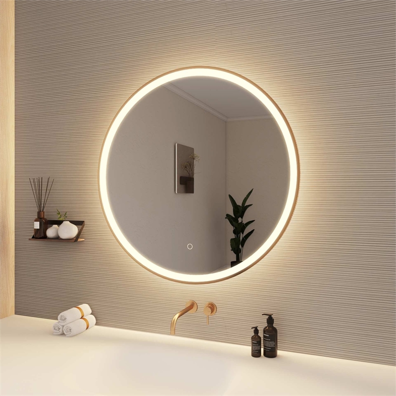 Elegant Kitchen and Bath 32 Round Led Front & Backlit Wall Mirror in Satin Gold