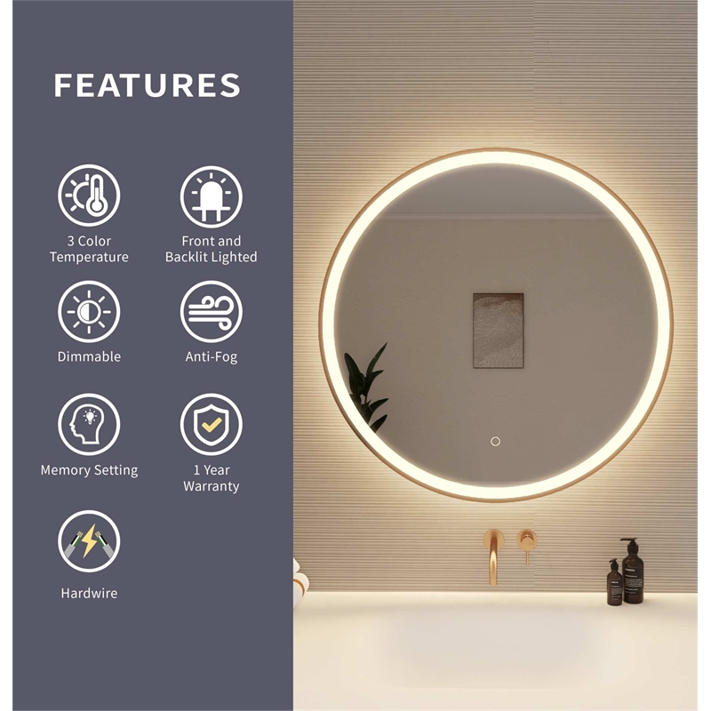 Elegant Kitchen and Bath 32 Round Led Front & Backlit Wall Mirror in Satin Gold