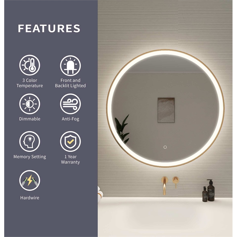 Elegant Kitchen and Bath 32 Round Led Front & Backlit Wall Mirror in Satin Gold