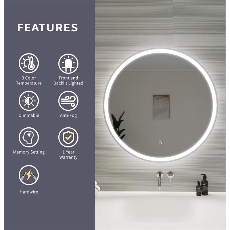 Elegant Kitchen and Bath 32 Round Led Front and Backlit Wall Mirror in Silver