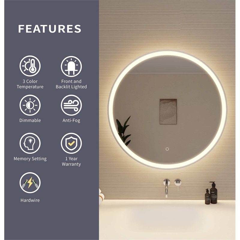 Elegant Kitchen and Bath 32 Round Led Front and Backlit Wall Mirror in Silver