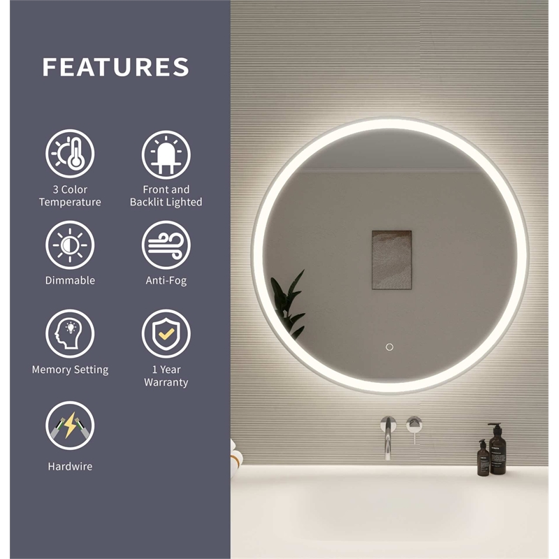 Elegant Kitchen and Bath 32 Round Led Front and Backlit Wall Mirror in Silver