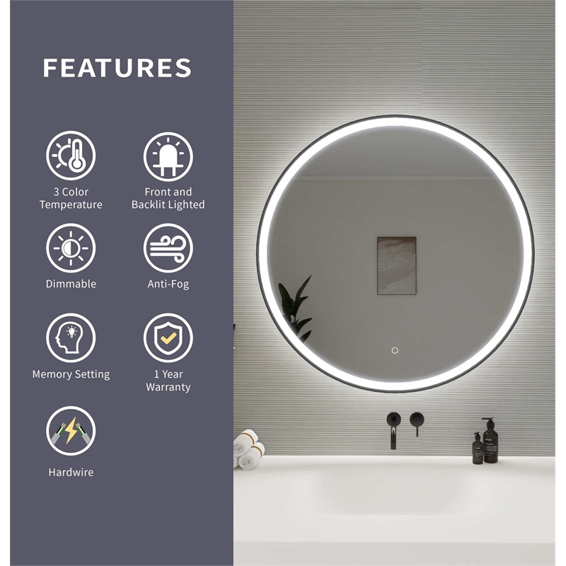Elegant Kitchen and Bath 36 Round Led Front and Backlit Wall Mirror in Black