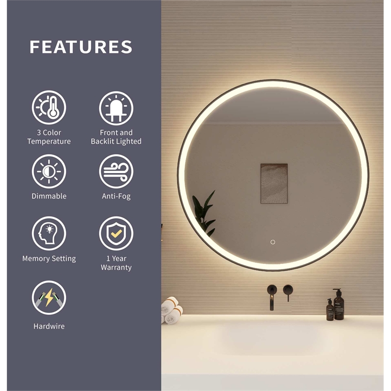 Elegant Kitchen and Bath 36 Round Led Front and Backlit Wall Mirror in Black