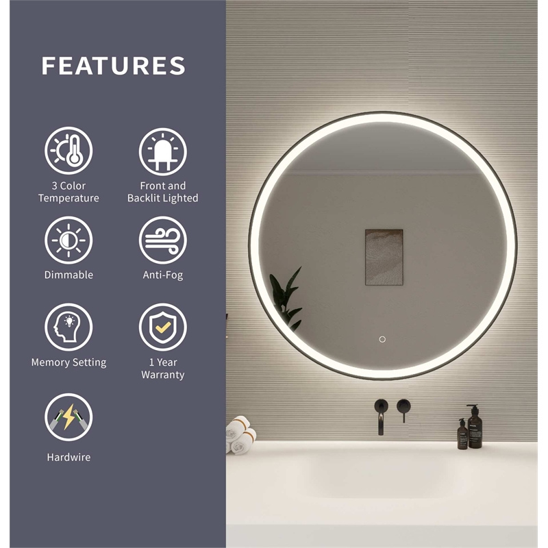 Elegant Kitchen and Bath 36 Round Led Front and Backlit Wall Mirror in Black
