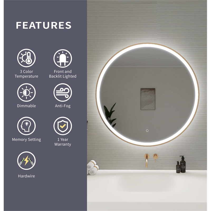 Elegant Kitchen and Bath 36 Round Led Front & Backlit Wall Mirror in Satin Gold