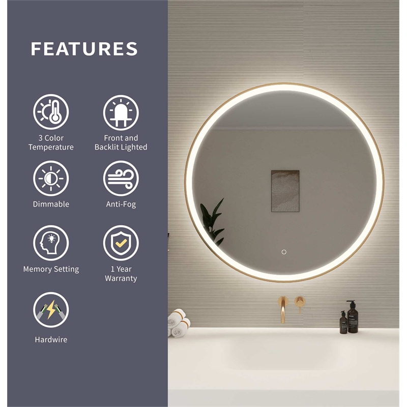 Elegant Kitchen and Bath 36 Round Led Front & Backlit Wall Mirror in Satin Gold