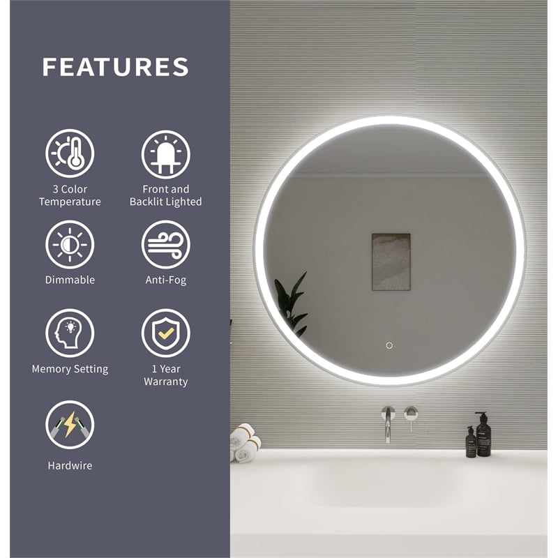 Elegant Kitchen and Bath 36 Round Led Front and Backlit Wall Mirror in Silver
