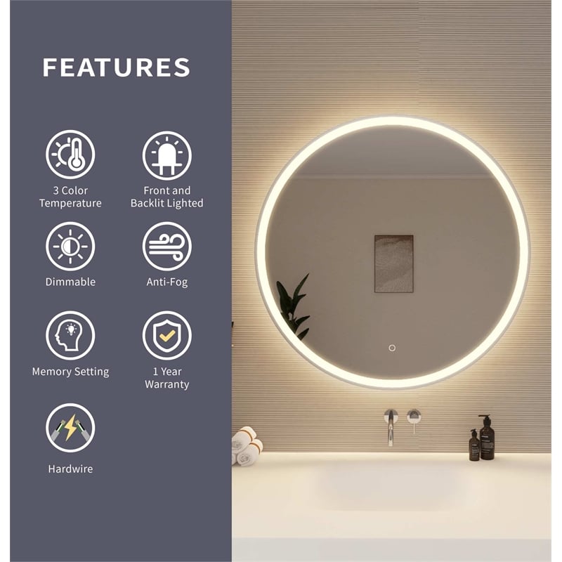 Elegant Kitchen and Bath 36 Round Led Front and Backlit Wall Mirror in Silver