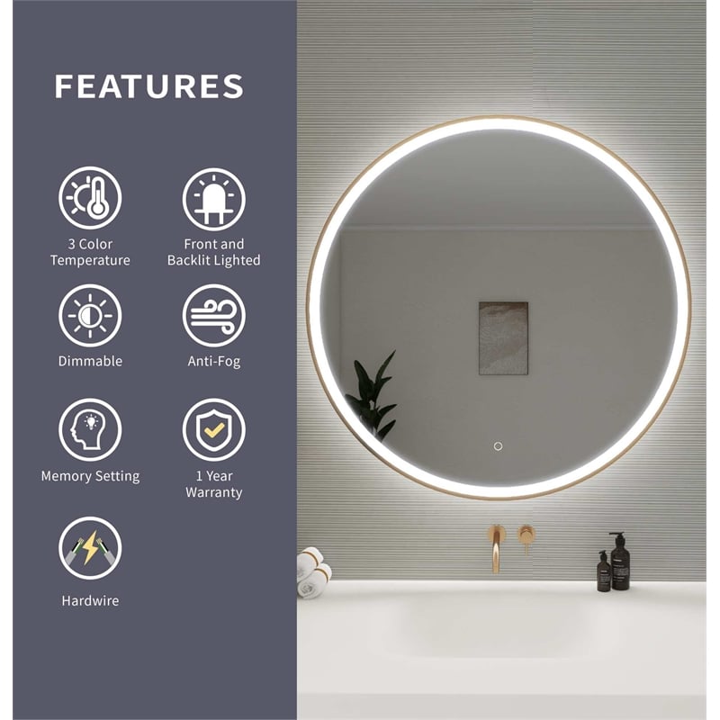 Elegant Kitchen and Bath 39 Round Led Front & Backlit Wall Mirror in Satin Gold