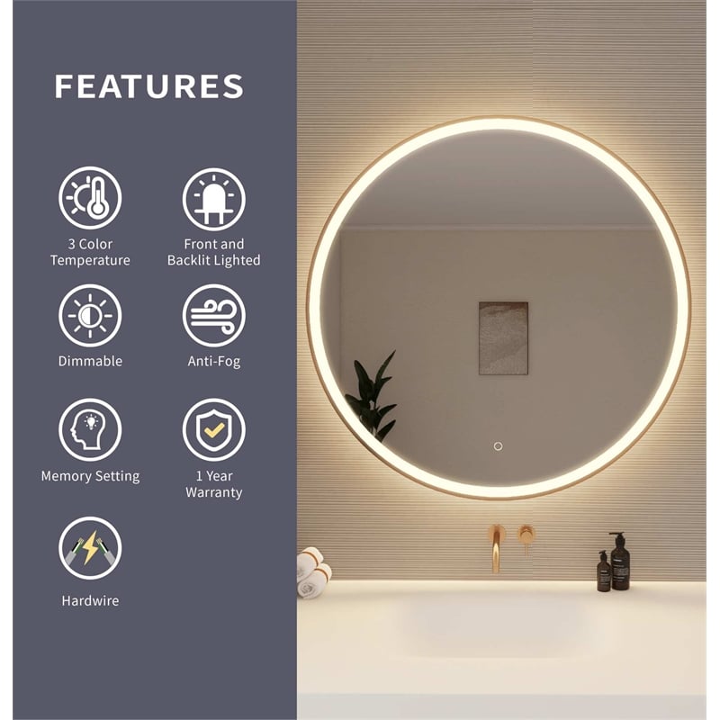 Elegant Kitchen and Bath 39 Round Led Front & Backlit Wall Mirror in Satin Gold
