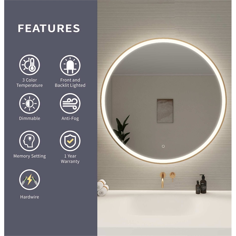 Elegant Kitchen and Bath 39 Round Led Front & Backlit Wall Mirror in Satin Gold