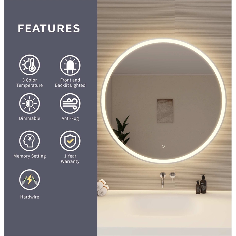 Elegant Kitchen and Bath 39 Round Led Front and Backlit Wall Mirror in Silver