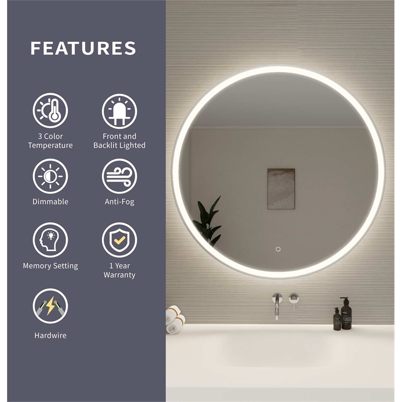 Elegant Kitchen and Bath 39 Round Led Front and Backlit Wall Mirror in Silver