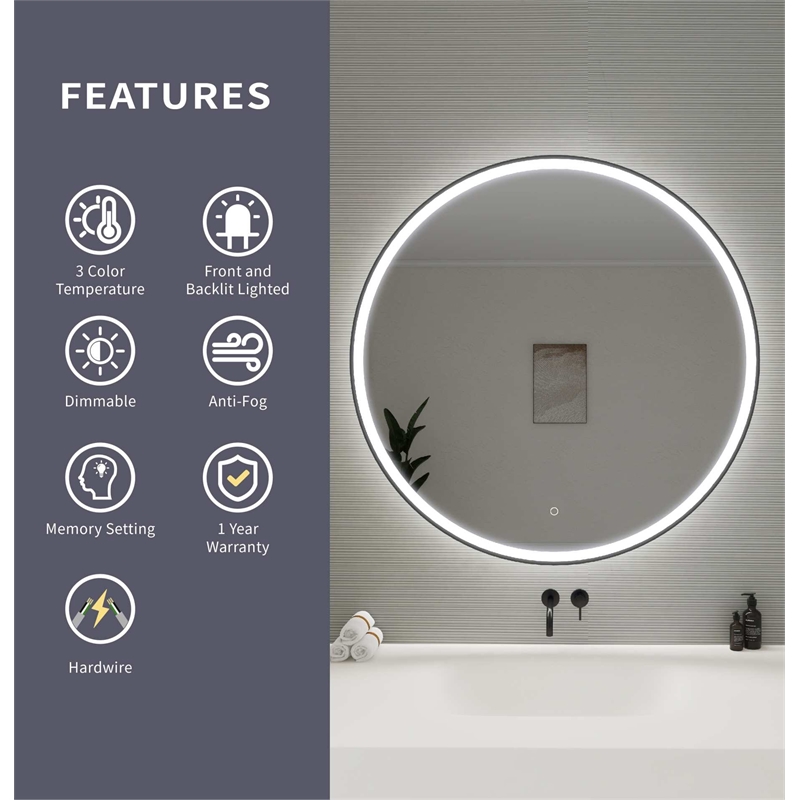 Elegant Kitchen and Bath 42 Round Led Front and Backlit Wall Mirror in Black