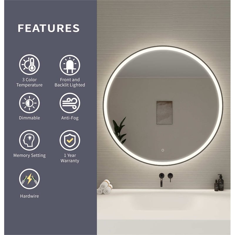Elegant Kitchen and Bath 42 Round Led Front and Backlit Wall Mirror in Black