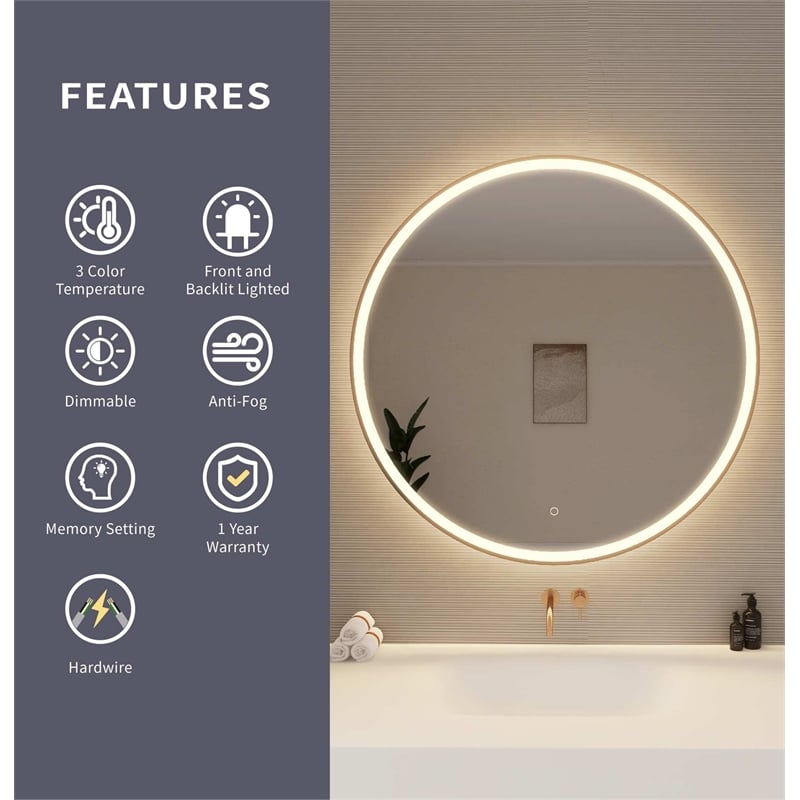 Elegant Kitchen and Bath 42 Round Led Front & Backlit Wall Mirror in Satin Gold