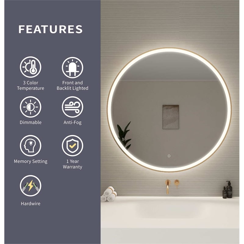 Elegant Kitchen and Bath 42 Round Led Front & Backlit Wall Mirror in Satin Gold