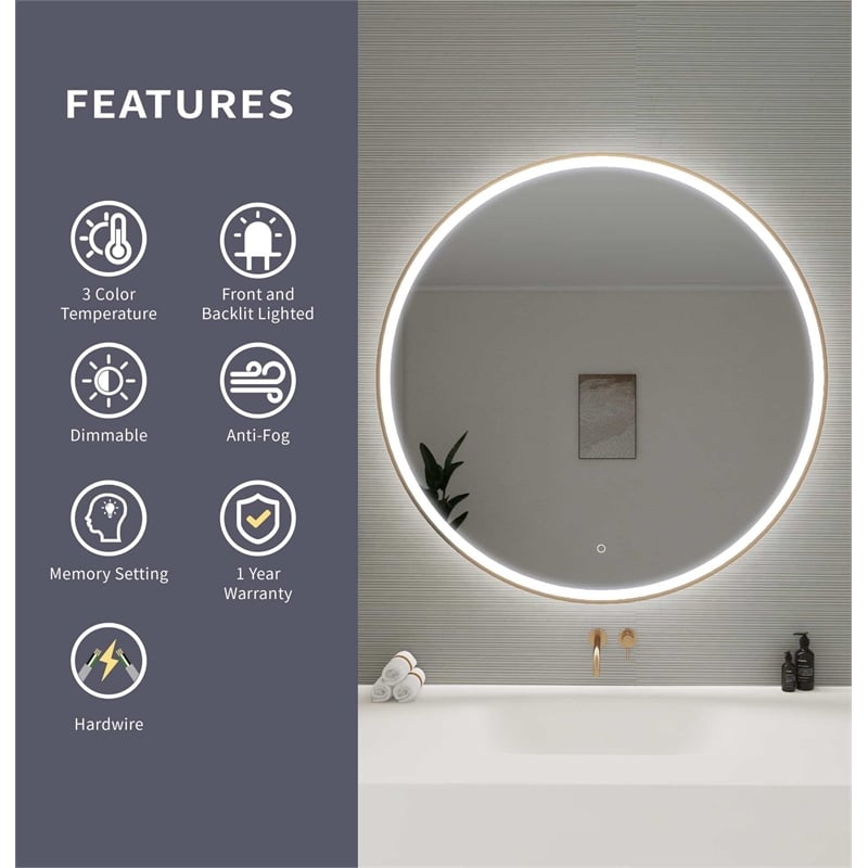 Elegant Kitchen and Bath 45 Round Led Front & Backlit Wall Mirror in Satin Gold