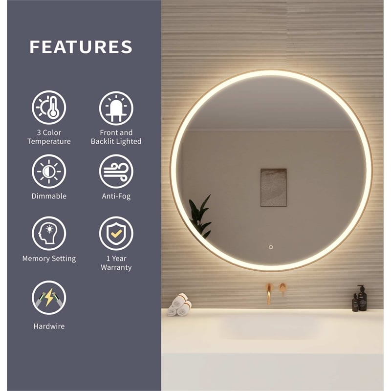 Elegant Kitchen and Bath 45 Round Led Front & Backlit Wall Mirror in Satin Gold